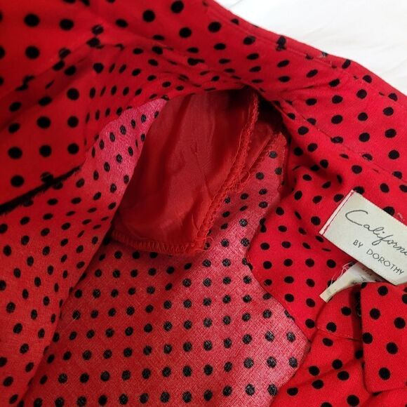 VINTAGE 80s red and black polka dot long sleeve modest midi dress M - Picture 7 of 10